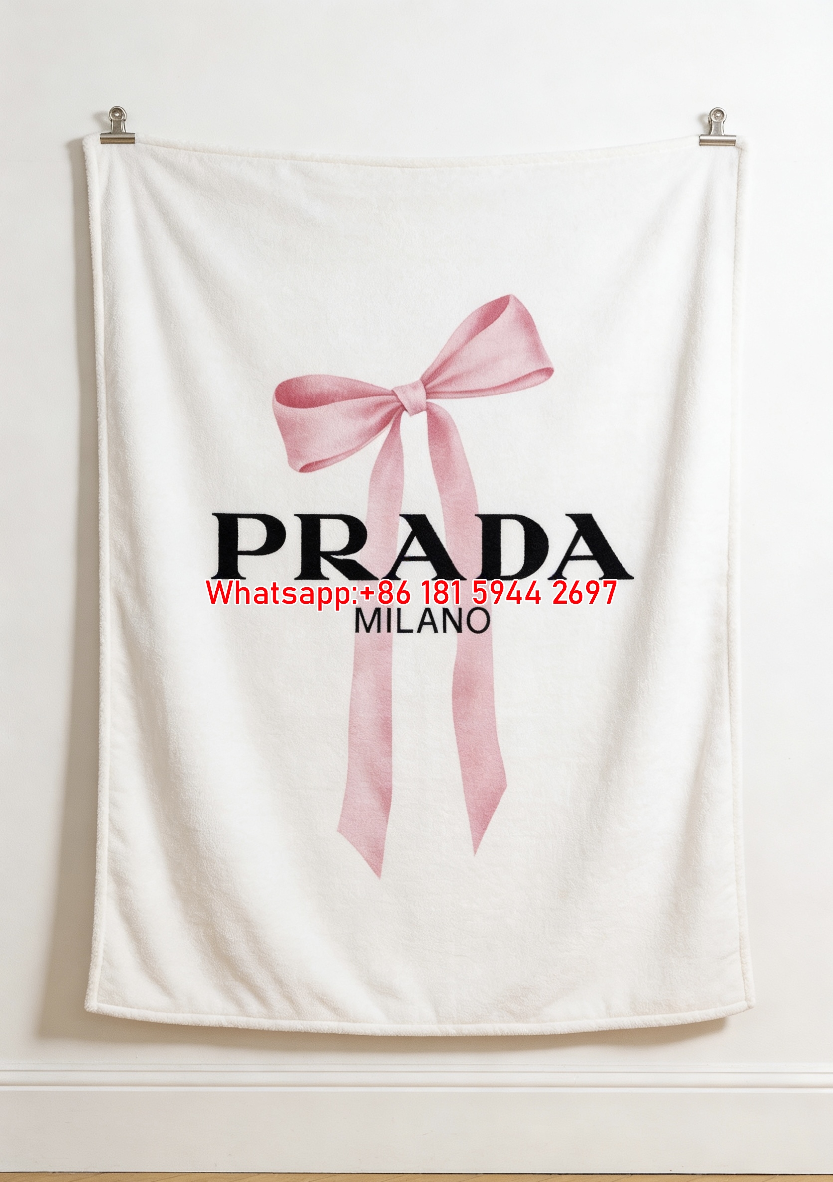 Prada Pink Bow Logo Print Fleece Sofa Throw Blanket Luxury IMG_2688
